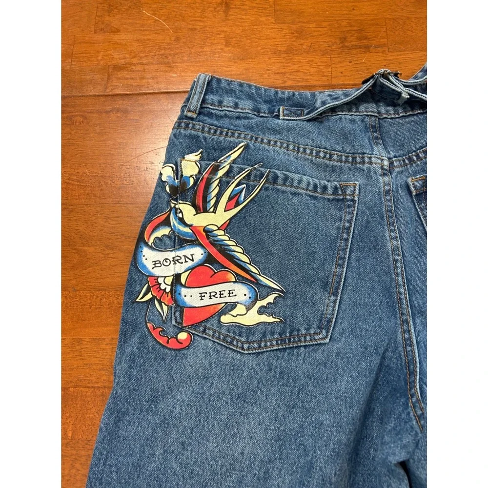 Vintage Ed Hardy Wide Leg Jeans Mens 30 Blue Graphic Tattoo Baggy Denim Y2K